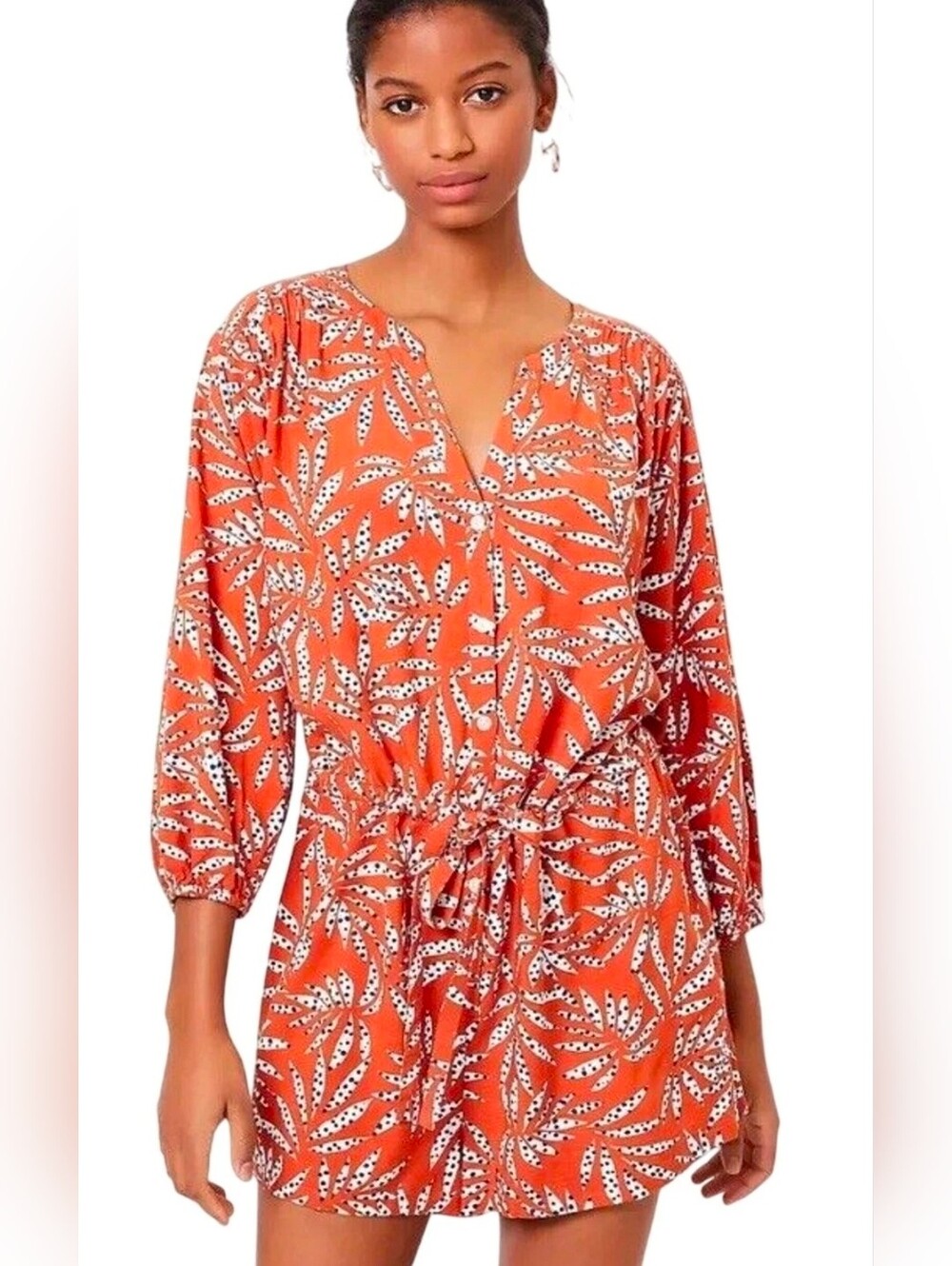Loft Beach Romper Women's Small Leaf Print Button Up Orange Tie Waist 3/4 Sleeve